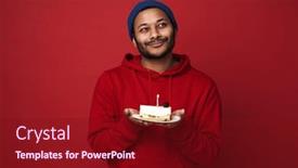  Presentation with birthday cake - PPT theme having young-smiling-indian-man-wearing background and a crimson colored foreground