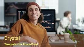  Presentation with monitor computer - Presentation theme featuring young-smiling-it-support-manager background and a tawny brown colored foreground