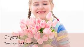  Presentation with spring - Beautiful PPT layouts featuring young smiling kid with magnificent bouquet of rose spring flowers isolated backdrop and a lemonade colored foreground