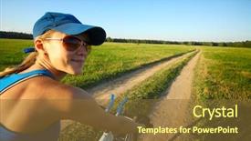  Presentation with cycling - Amazing presentation design having young smiling lady cycling on a countryside road at summer sunny day backdrop and a tawny brown colored foreground