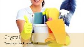  Presentation with house maid - Theme featuring young smiling maid house cleaning service concept background and a yellow colored foreground