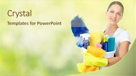  Presentation with house maid - Audience pleasing slide deck consisting of young smiling maid house cleaning backdrop and a cream colored foreground