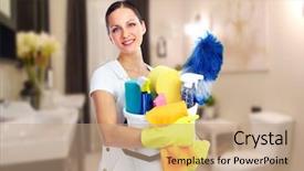  Presentation with house maid - Audience pleasing PPT theme consisting of young smiling maid house cleaning backdrop and a coral colored foreground