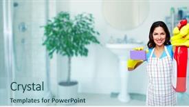  Presentation with house maid - Audience pleasing slide set consisting of young smiling maid house cleaning backdrop and a sky blue colored foreground