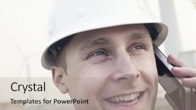  Presentation with turbine - Colorful presentation enhanced with young smiling male engineer in hardhat on the phone beside wind turbine backdrop and a light gray colored foreground