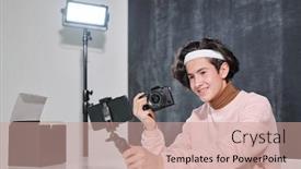  Presentation with shooting - Presentation design with young-smiling-male-vlogger background and a coral colored foreground