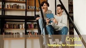  Presentation with digital library - Presentation theme enhanced with young-smiling-man-and-woman background and a violet colored foreground