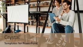  Presentation with digital library - Presentation theme having young-smiling-man-and-woman background and a coral colored foreground