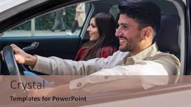  Presentation with driving - Presentation having young-smiling-man-driving background and a coral colored foreground