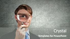  Presentation with looking glass - Audience pleasing presentation theme consisting of young smiling man looking in magnifying glass backdrop and a gray colored foreground