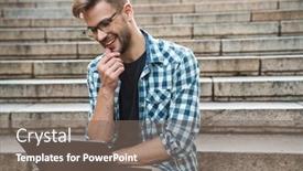  Presentation with business man climbs up to the top of 3d success stairs steps - Cool new slides with young-smiling-man-sitting backdrop and a gray colored foreground