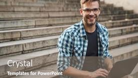  Presentation with steps - Slide deck consisting of young-smiling-man-sitting background and a gray colored foreground