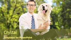  Presentation with dog park - Slide deck having young smiling man sitting on a green grass and hugging his labrador retriever dog in a park background and a tawny brown colored foreground