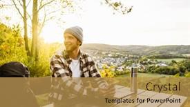 Presentation with man sitting bench - Presentation theme consisting of young-smiling-man-tourist background and a gold colored foreground