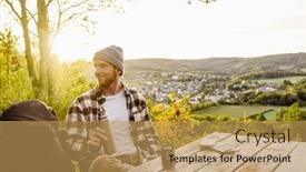  Presentation with hot tea - Slide deck having young-smiling-man-tourist background and a  colored foreground