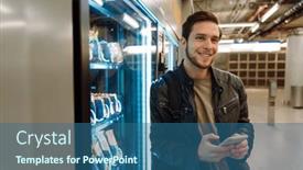  Presentation with vending machine - Presentation theme with young-smiling-man-wearing-leather background and a ocean colored foreground