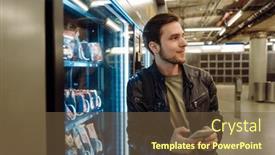  Presentation with vending machine - Slide set having young-smiling-man-wearing-leather background and a tawny brown colored foreground