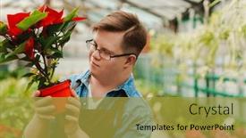  Presentation with apron - Slide set with young-smiling-man-with-down background and a gold colored foreground