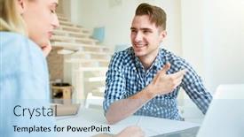  Presentation with consulting - Slide deck featuring young smiling manager or designer consulting with his colleague during network or making presentation at meeting background and a light blue colored foreground