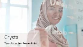  Presentation with muslim - Amazing slide deck having young-smiling-muslim-female-broker backdrop and a soft green colored foreground