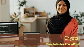  Presentation with pink home office - Presentation design enhanced with young-smiling-muslim-home-office background and a tawny brown colored foreground