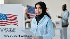  Presentation with hijab - Presentation theme consisting of young-smiling-muslim-woman background and a light blue colored foreground