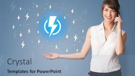  Presentation with battery - Colorful slide set enhanced with young smiling person presenting battery life concept backdrop and a light blue colored foreground