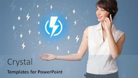  Presentation with battery - Beautiful slide set featuring young smiling person presenting battery life concept backdrop and a light blue colored foreground