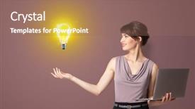  Presentation with new idea innovation - PPT theme having young smiling person presenting new background and a  colored foreground