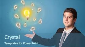  Presentation with idea - Cool new presentation theme with young smiling person presenting new backdrop and a  colored foreground