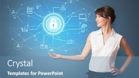  Presentation with cloud technology - Audience pleasing presentation design consisting of young smiling person presenting office cloud technology concept backdrop and a teal colored foreground