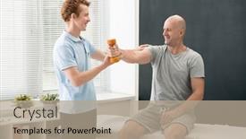  Presentation with helping - Amazing PPT layouts having young-smiling-physiotherapist-helping-mature backdrop and a mint green colored foreground