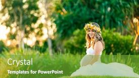  Presentation with hair dress - Audience pleasing presentation theme consisting of young smiling pregnant woman in white dress with flowers in her hair backdrop and a tawny brown colored foreground