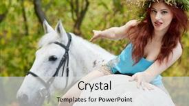  Presentation with red floral - Presentation design enhanced with young smiling red-haired woman with floral wreath on head sits backwards on horseback in park background and a light gray colored foreground
