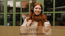  Presentation with coffee music - PPT theme featuring young-smiling-redhead-woman-wearing background and a coral colored foreground