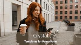  Presentation with takeaway coffee - PPT theme enhanced with young-smiling-redhead-woman background and a violet colored foreground