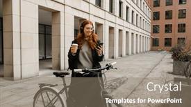  Presentation with takeaway coffee - Presentation theme having young-smiling-redhead-woman background and a gray colored foreground