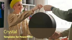  Presentation with craft - Presentation theme enhanced with young-smiling-saleswoman-in-shirt background and a tawny brown colored foreground