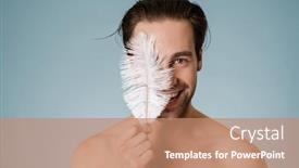  Presentation with feather - Amazing theme having young-smiling-shirtless-man-touching backdrop and a coral colored foreground