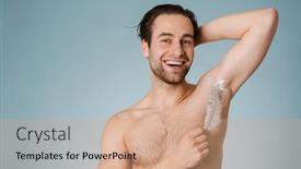  Presentation with feather - Beautiful slides featuring young-smiling-shirtless-man-touching backdrop and a coral colored foreground