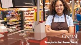  Presentation with chest - Beautiful slide deck featuring young-smiling-shop-assistant backdrop and a red colored foreground