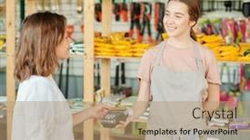  Presentation with terminal - Slide set enhanced with young-smiling-shop-assistant background and a coral colored foreground
