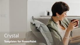  Presentation with coffee book - PPT theme featuring young-smiling-short-haired-woman background and a gray colored foreground