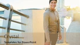  Presentation with rest - PPT theme consisting of young-smiling-sportswoman-in-activewear background and a coral colored foreground