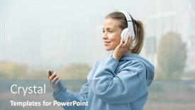  Presentation with blue music - Cool new PPT layouts with young-smiling-sportswoman-in-white backdrop and a teal colored foreground