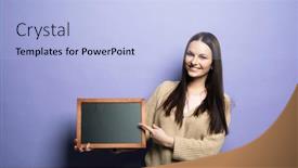  Presentation with student - PPT theme with young-smiling-student-woman-holding background and a light blue colored foreground