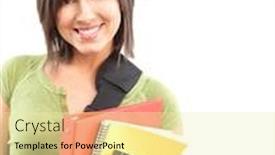  Presentation with student - Slide deck consisting of young smiling student woman over white background background and a blonde colored foreground