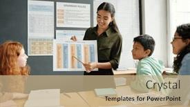  Presentation with english tenses - PPT theme having young-smiling-teacher-pointing and a coral colored foreground
