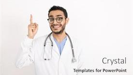  Presentation with upwards - Amazing PPT theme having young-smiling-therapeutist-in-whitecoat backdrop and a white colored foreground