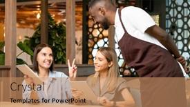 Presentation with waiter - Colorful PPT layouts enhanced with young-smiling-waiter-in-uniform backdrop and a coral colored foreground